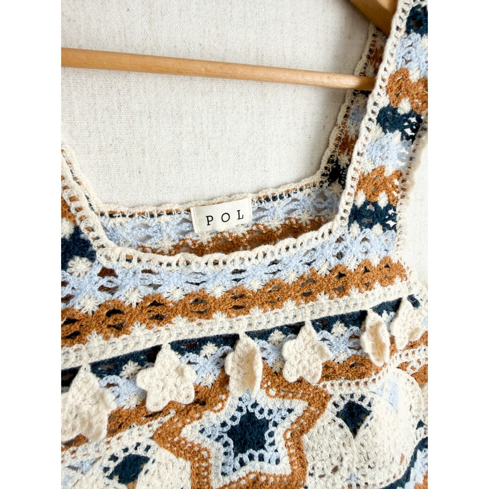 POL Crochet Crop Top Star Boho Festival Knit Tank‎ Cream Blue Tan Square Neck - Picture 2 of 4